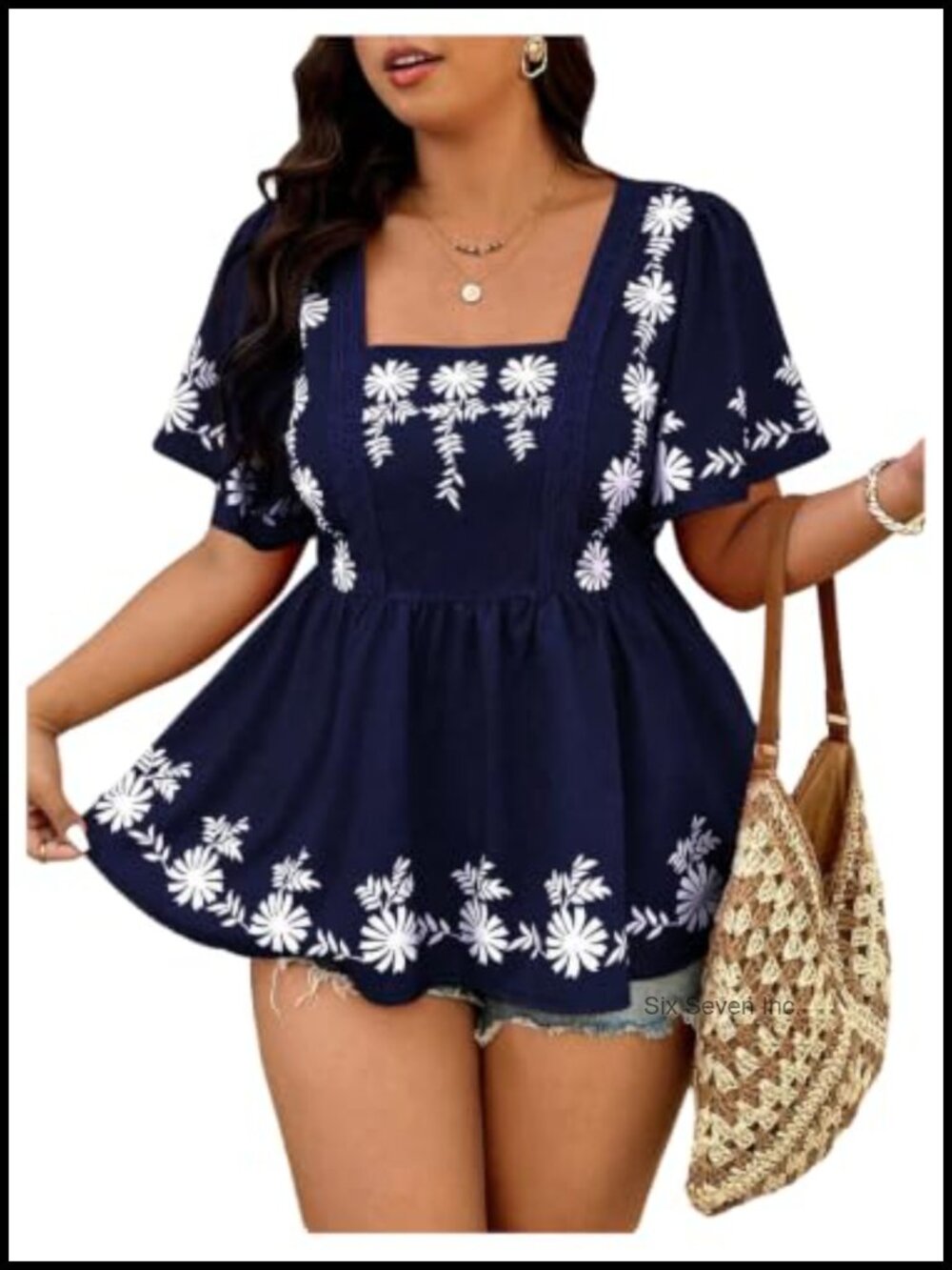Plus Size Boho Floral Peplum Blouse Square Neck Short Sleeve Top